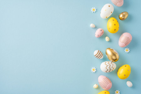 Easter eggs with colorful patterns scattered on a pastel background, representing joy and celebrationの写真素材