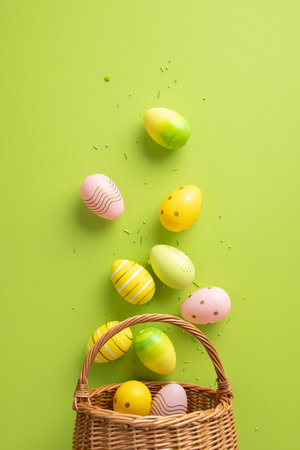 Decorative vertical yellow, green, and pink Easter eggs gracefully styled with a wicker basket. Celebrates springtime traditions and vibrant seasonal aestheticsの写真素材