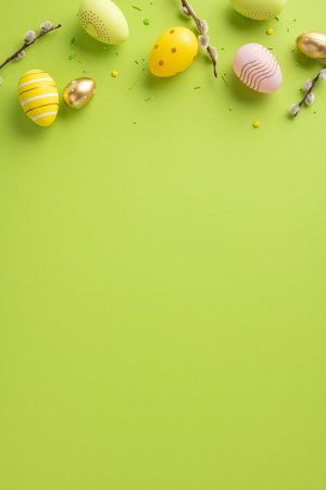 Easter-themed vertical composition featuring decorative eggs and willow twigs on a green surfaceの写真素材
