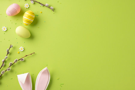 Bright Easter-themed composition featuring painted eggs, rabbit ears, and spring flowers on a green backdropの写真素材