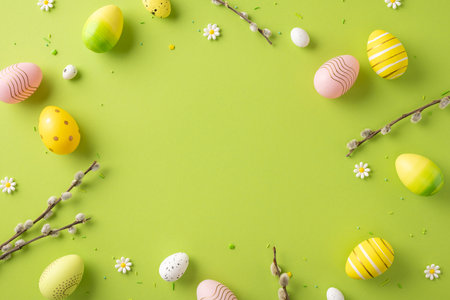 Easter eggs with cheerful patterns, floral elements, and twigs displayed on a green surfaceの写真素材