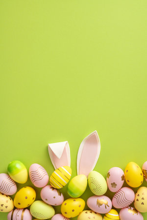 Colorful vertical painted Easter eggs and playful bunny ears on a vibrant green background creating a festive spring compositionの写真素材