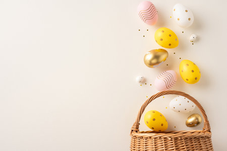 Easter-themed composition featuring a wicker basket and multicolored decorated eggs in a creative arrangementの写真素材