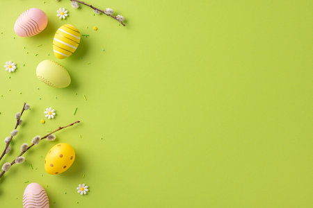 Easter-themed arrangement with colorful eggs, blossom branches, and fresh green background. Perfect for celebrating springtime and Easter festivitiesの写真素材