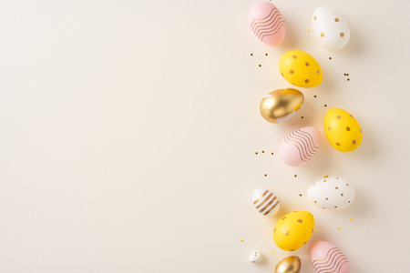 Easter eggs in pink, yellow, white, and gold are artistically displayed on a soft beige background. The design features patterns and confetti, conveying elegance and a festive springtime celebrationの写真素材
