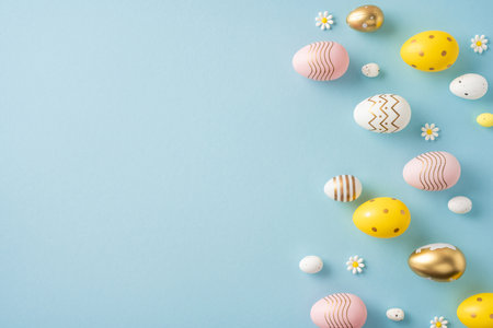 Festive flat lay of colorful painted Easter eggs and small daisies over a soft pastel blue surface, perfect for seasonal greetings and spring celebrationsの写真素材