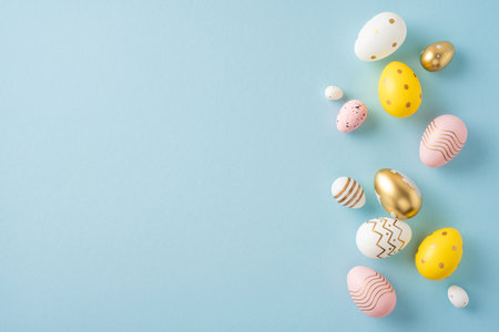 Colorful Easter eggs decorated with pastel colors, polka dots, and gold accents depicted decorativelyの写真素材