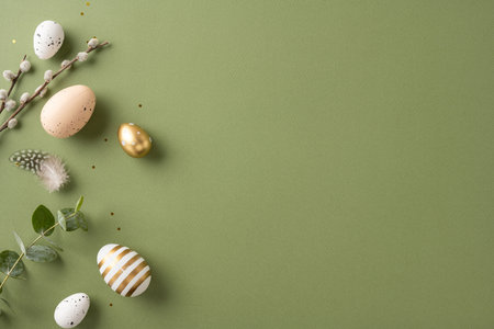 Stylish arrangement of Easter eggs with natural decorations and greenery on a green surfaceの写真素材