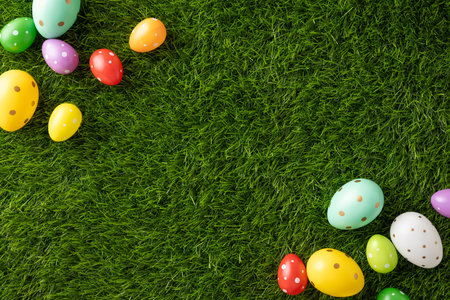 Festive Easter arrangement featuring vibrant painted eggs scattered on lush green grass, signifying celebrationの写真素材
