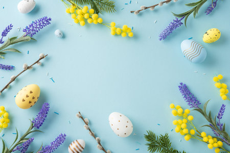 Easter holiday decorations featuring pastel eggs, yellow mimosa, and lavender flowers. Arranged on a light blue background with nature elements such as branches and green foliage for a festive aestheticの写真素材