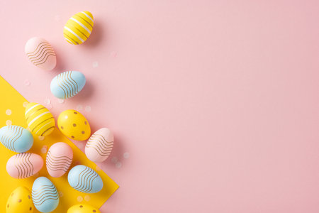 Colorful decorative Easter eggs arranged on a soft pink background corner, evoking springtime celebrationsの写真素材