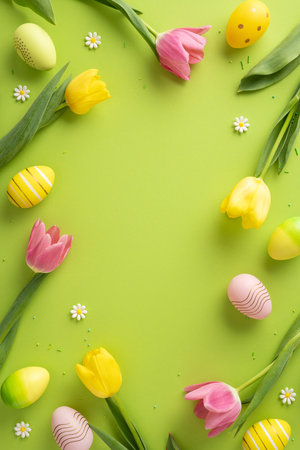 Colorful vertical Easter setup featuring tulips, decorative eggs, daisies, and greenery against a vibrant green background. Ideal for festive, celebration, and spring-related contextsの写真素材