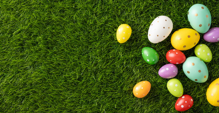 Brightly colored polka dot Easter eggs arranged playfully on lush green grass, perfect for festive seasonal themesの写真素材