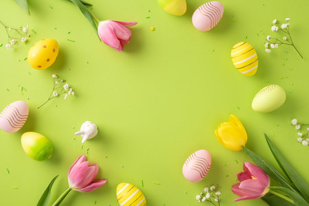 Decorative Easter eggs and colorful tulips arranged on a green surface, evoking joy. Perfect for Easter celebrations, creativity inspiration, and spring-themed designs with cheerful and festive vibesの写真素材