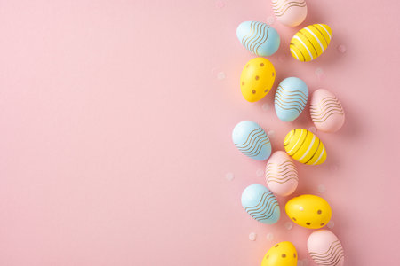 Delightful display of decorated pastel-colored Easter eggs aligned against a soft pink backdropの写真素材