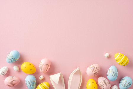 Decorative pastel Easter eggs and bunny ears arranged on a pink surface in a festive layoutの写真素材