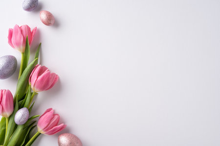 Easter-themed decoration with pink tulips and pastel-colored eggs on a light background conveying springtime joyの写真素材