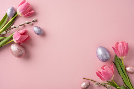 Pink tulips with speckled eggs arranged on a soft pastel background, featuring spring themesの写真素材