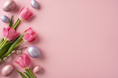 Fresh pink tulips arranged with pastel-colored Easter eggs on a soft pink surface create a light and festive holiday atmosphereの写真素材