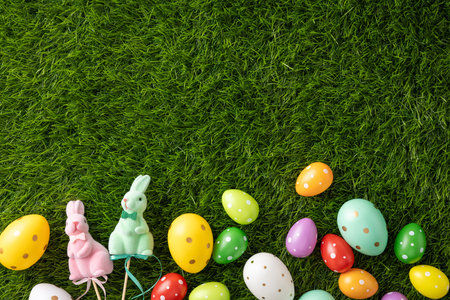 Festive arrangement of colorful Easter eggs and bunny figurines placed on bright green grassの写真素材