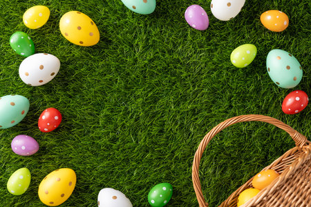 Decorative Easter eggs displayed on a green grassy backdrop with a wicker basket, perfect for celebrating the holiday's vibrant spiritの写真素材