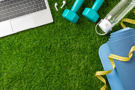 Fitness accessories including yoga mat, weights, and laptop placed on green grassの写真素材
