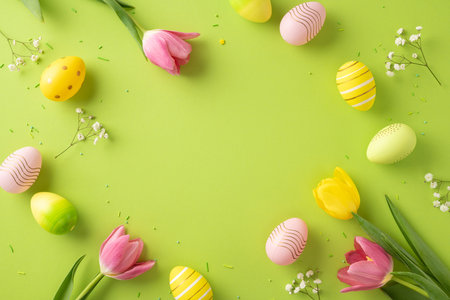 Colorful Easter eggs and fresh tulips beautifully arranged in a festive display on greenの写真素材