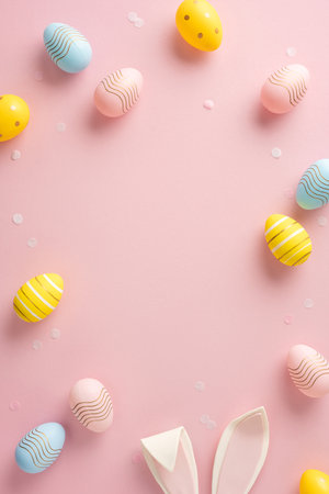 Colorful vertical Easter eggs and bunny ears on a pink background, perfect for celebrationsの写真素材