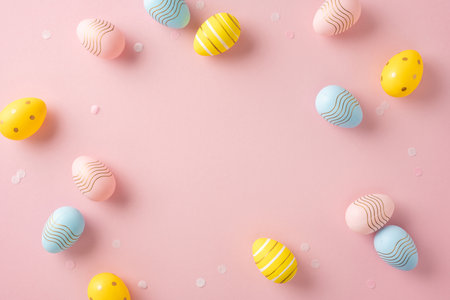 Decorative Easter eggs displayed on a soft pink backdrop in a creative arrangementの写真素材
