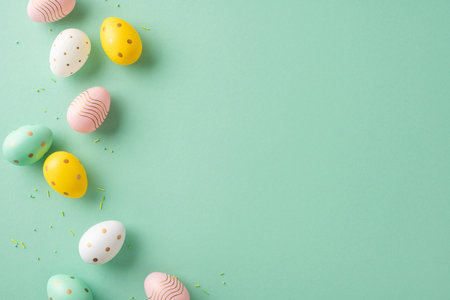 Colorful patterned Easter eggs are arranged on a green surface, symbolizing spring and celebrationの写真素材