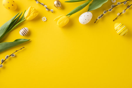 Vibrant festive Easter decoration featuring yellow tulips, colorful eggs, and floral branches on a yellow surface creating a cheerful springtime moodの写真素材