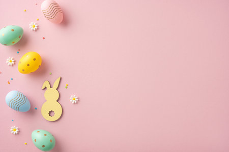 Easter celebration theme displayed with pastel eggs, bunny cutout, and daisies on pinkの写真素材
