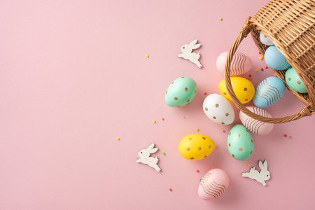 Easter decorations featuring a wicker basket, vibrant painted eggs, and bunny accents on a soft pink background, evoking festive and cheerful holiday vibesの写真素材