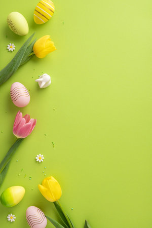 Seasonal vertical composition with tulips and decorative easter elements placed neatly over a green surfaceの写真素材