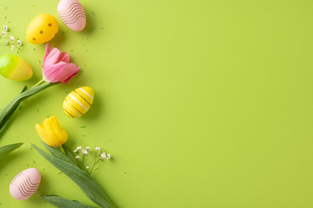 Vibrant photo of colorful easter eggs and tulips arranged on a green background, perfect for holiday-themed uses, celebrating spring, Easter decoration, and cheerful occasionsの写真素材