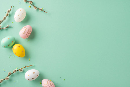 Delightful flat lay featuring decorative Easter eggs and branches against a green backdrop, perfect for festive themesの写真素材