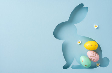 Silhouette of a bunny cutout design containing colorful Easter eggs and tiny daisies on a soft backgroundの写真素材