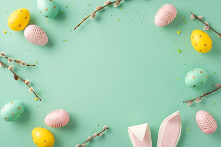 A festive Easter-themed composition with colorful decorated eggs and bunny ears against a pale green backgroundの写真素材