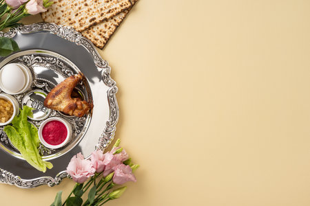 Celebrate Passover with a silver Seder plate featuring traditional foods and unleavened matzos, accompanied by decorative flowers on a beige backgroundの写真素材