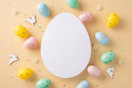 Easter composition featuring colorful patterned eggs, wood bunny decorations, and daisies encircling a white blank space on a beige background, symbolizing celebration and springtimeの写真素材