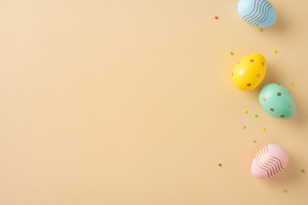 Four multicolored Easter eggs arranged diagonally on a pastel beige background with small scattered confetti dots, offering a minimal and festive compositionの写真素材