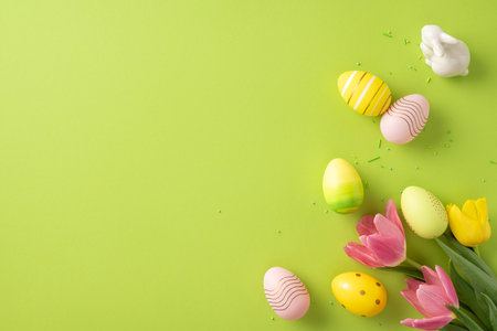 Easter eggs in soft pastel colors arranged with fresh tulips on a green backdrop. Perfect for...