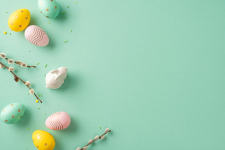 Easter-themed arrangement featuring colorful decorative eggs and a bunny figurine on green. Enhances the joyful mood of spring celebrations and holiday festivitiesの写真素材