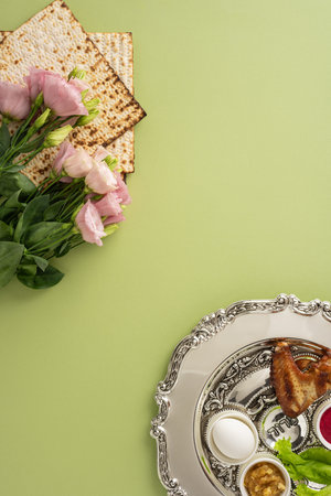 Traditional Passover meal vertical setup featuring a seder plate with symbolic foods, matzah bread, and fresh flowers. A vibrant and meaningful representation of the Jewish holiday celebrationの写真素材