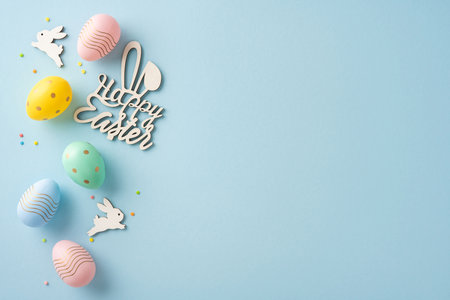 Easter-themed arrangement featuring decorative colored eggs and bunny shapes on a soft blue surfaceの写真素材