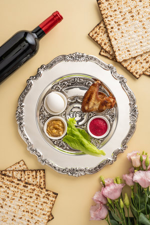 Authentically arranged vertical Passover items including the Seder plate, wine, matzo, and flowers,...
