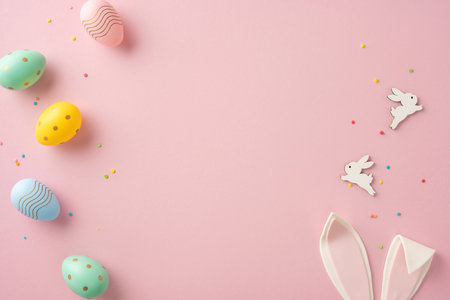 Festive layout featuring painted Easter eggs, decorative bunny figures, and colorful confetti on a pink backgroundの写真素材