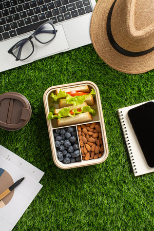 Healthy vertical lunchtime arrangement on artificial grass, featuring sandwiches, fruits, almonds, and work essentialsの写真素材