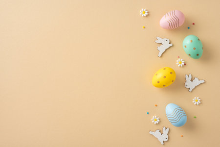 Vibrant colored Easter eggs and intricate rabbit decorations spread on a beige surface surrounded by daisies and confettiの写真素材