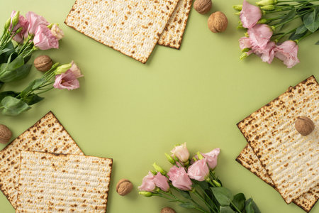 Pink flowers and traditional matzah crackers displayed on a green background, perfect for celebrating Passover and spring themesの写真素材